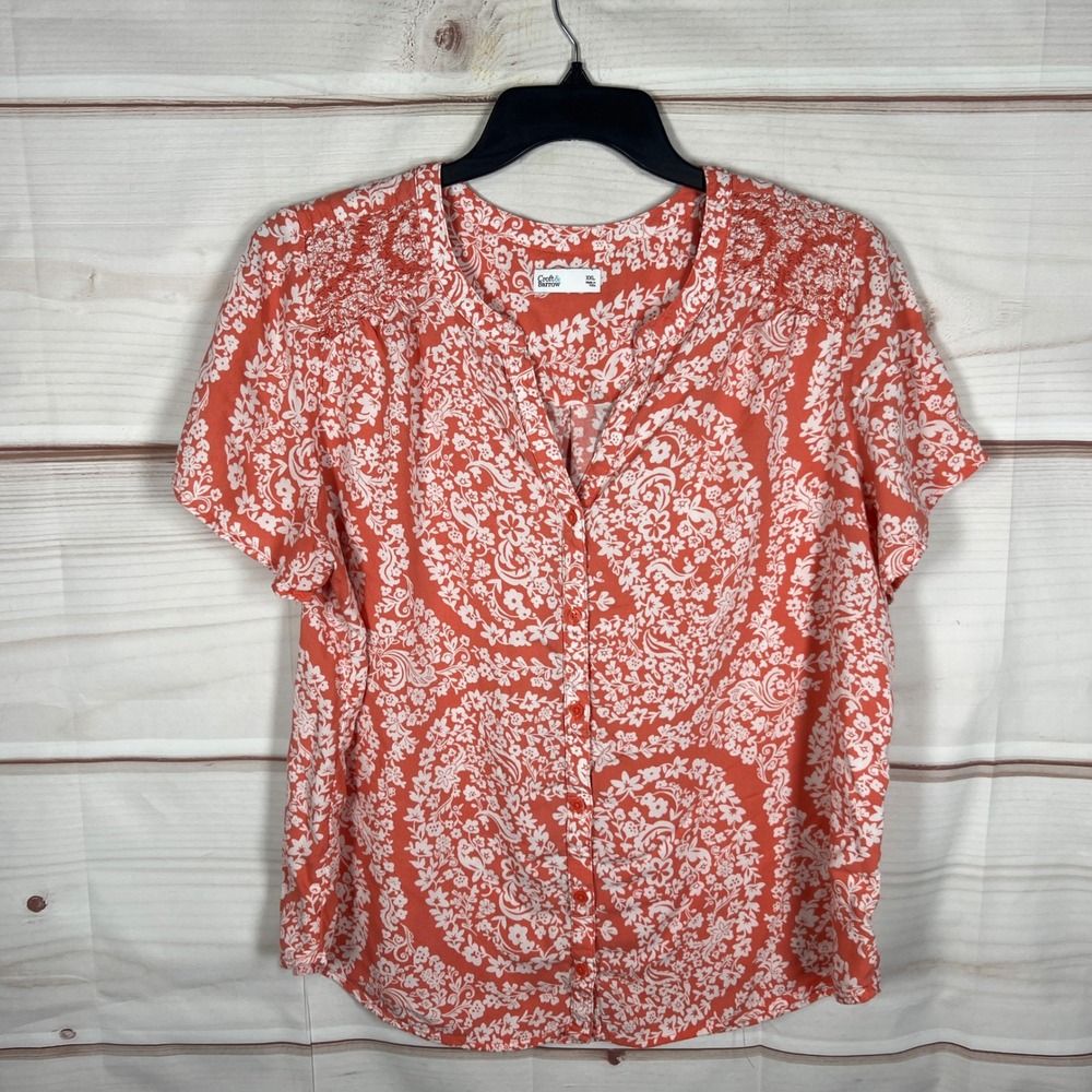 Croft & Barrow Button Up Shirt Womens XXL Orange Floral Smocked Blouse Casual